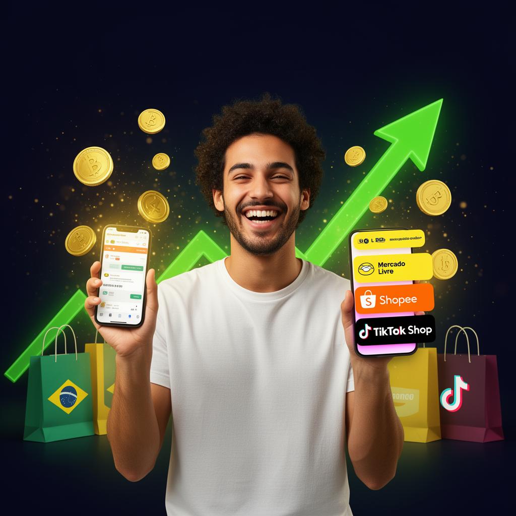 Empreendedor feliz recebendo notificações de venda do Mercado Livre, Shopee e TikTok Shop